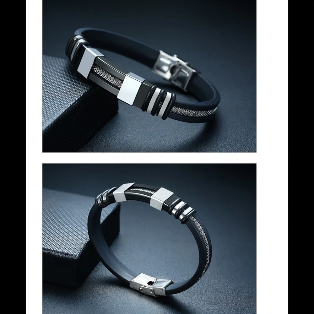 Water resistant Groove Wrap Men Metal Poly Stainless Steel Duo Bracelet